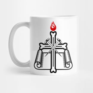 Cross, nails and unrolled bible scroll Mug